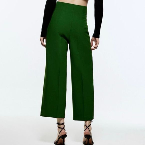 Zara High Waist Wide Leg Culottes Small Green Womens High Rise Cropped Pants - Picture 6 of 8